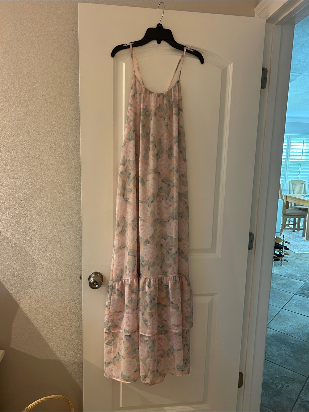 Cozy Casual Light Pink Floral Maxi Dress with Sage Leaves